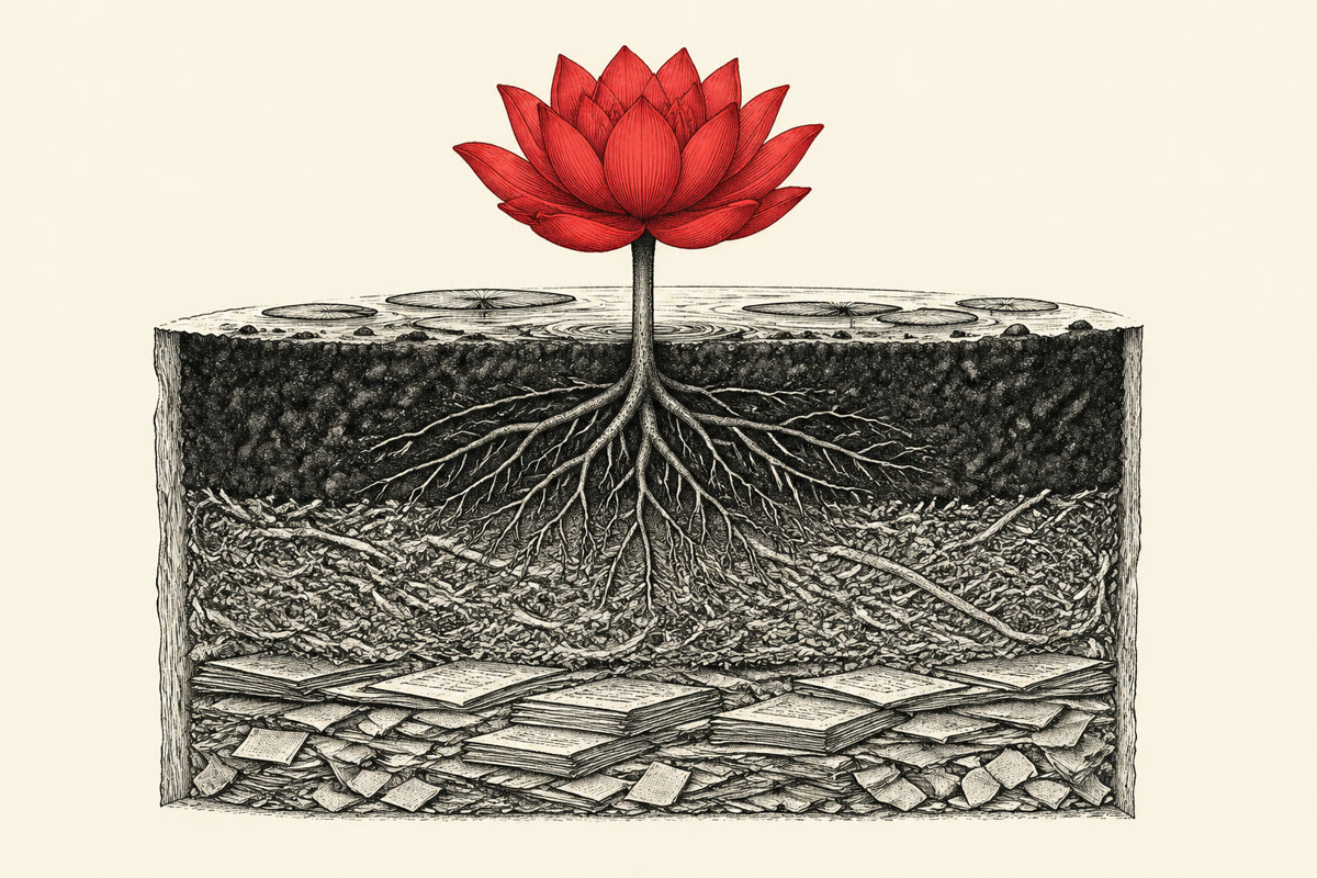 Editorial illustration of a scarlet flower rooted in layers of presentation paper.